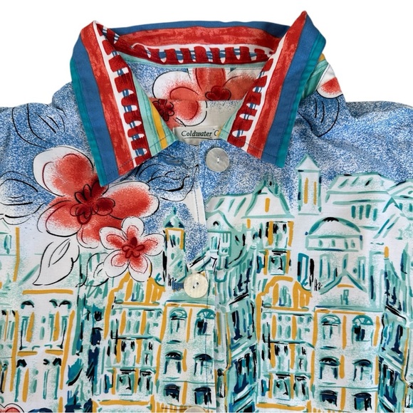 Italian Summer Amalfi Coast Print Artsy Overshirt Jacket Top M Coldwater Creek - Picture 3 of 12